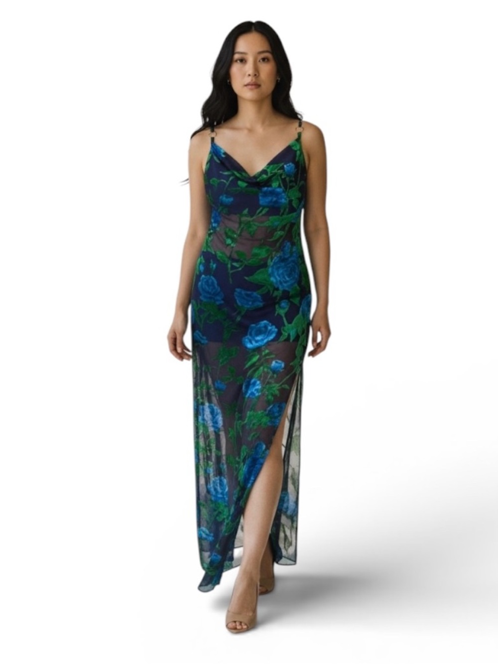 PrettyLittleThing Blue and Green Floral Mesh Dress Size 10 sheer sexy vamp goth